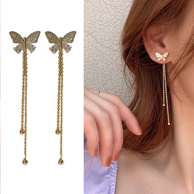 BUTTERFLY Anting Tusuk Rumbai Panjang Sterling Silver 925 Desain Kupu-Kupu Hias Zircon Untuk Wanita