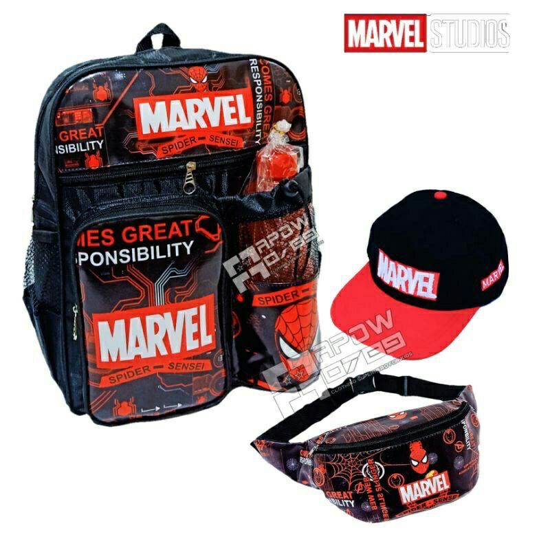 Tas Ransel 3in1 anak sekolah original Marvel Ransel+waistbag+topi bonus botol minuman