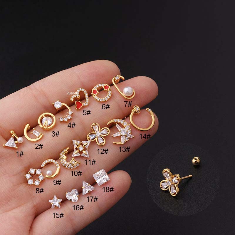 1 Piece 20Gauge Upper Lobe Cartilage Earrings Helix Piercing Heart Shape Stainless Steel with Zircon