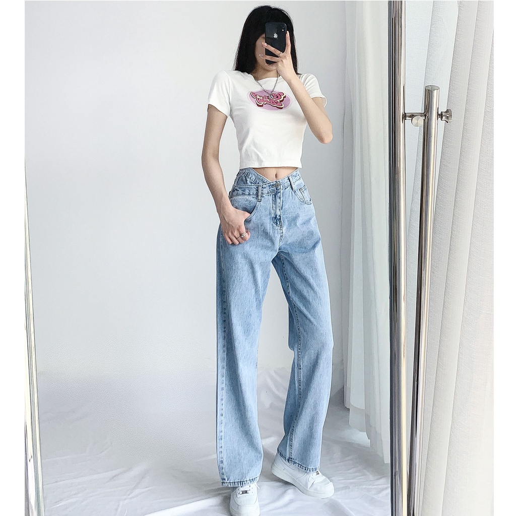 Celana Panjang High Waist Korean Style Straight Jeans Kulot Jeans Biru Wanita Kekinian