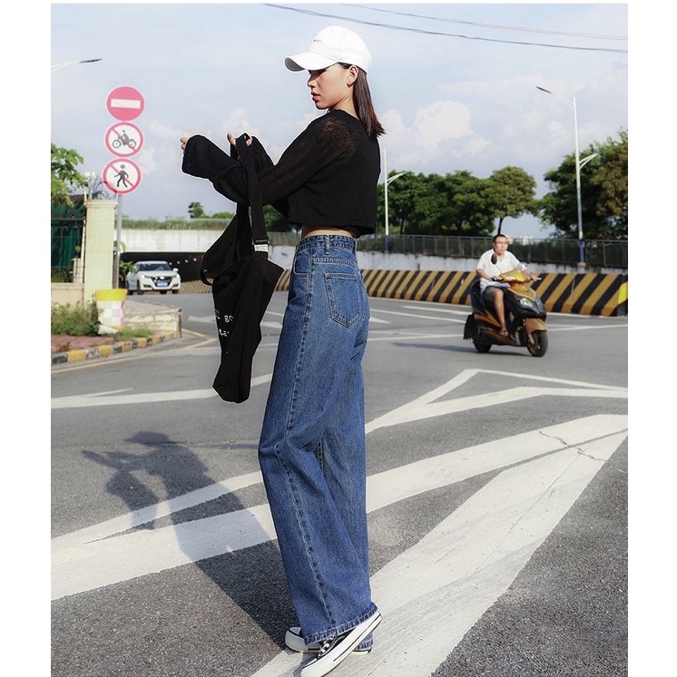 Biru laut Highwaist Wanita Loose Berkaki Lebar Denim Celana Jens Wanita