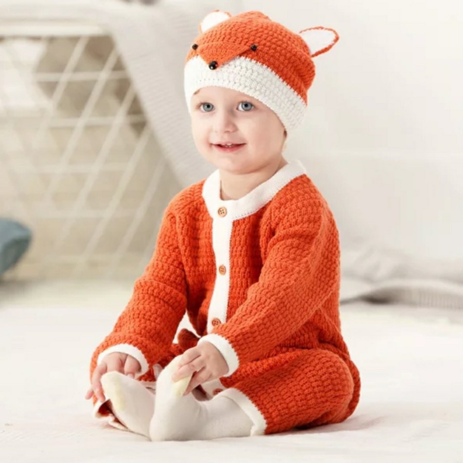 Knit baby romper with fox hat baju bayi rajut topi bayi rajut rubah