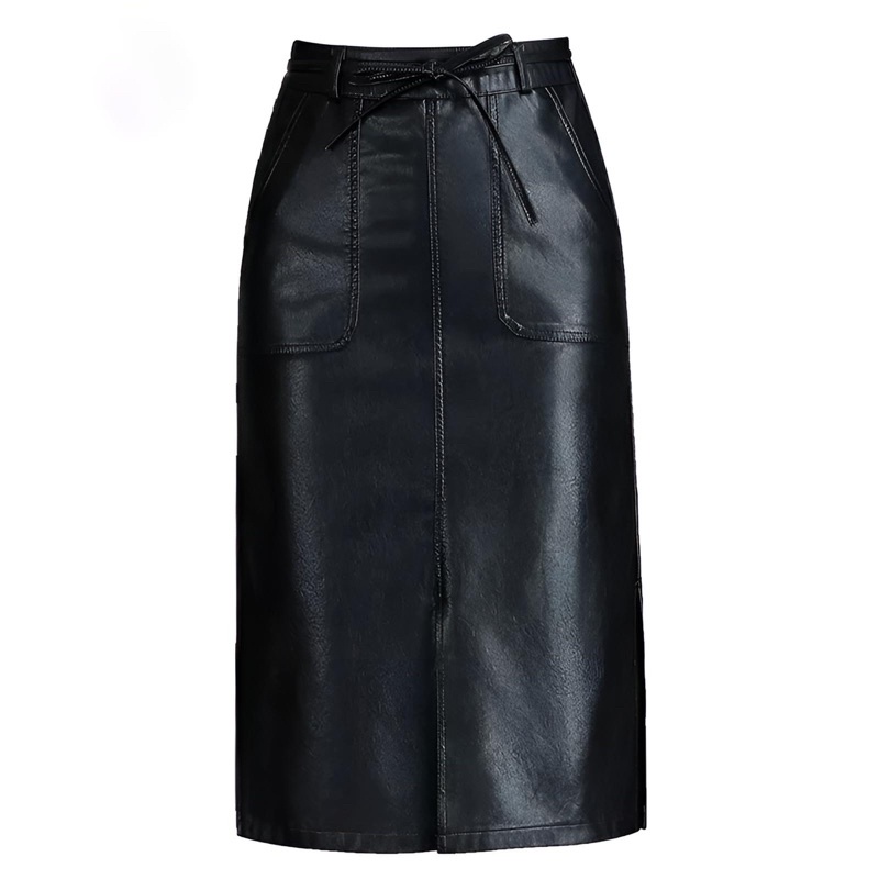 Rok Wanita PU Leather Bodycon High Waist Rok Streetwear Pensil Hitam Knee-lenght - Tailor Labs