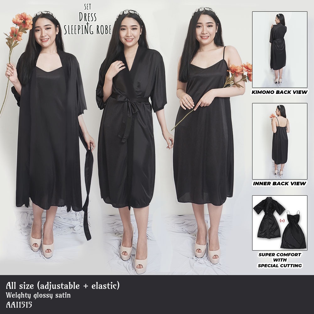 FOLVA kimono wedding set inner tanktop dress satin 1515BSET hitam