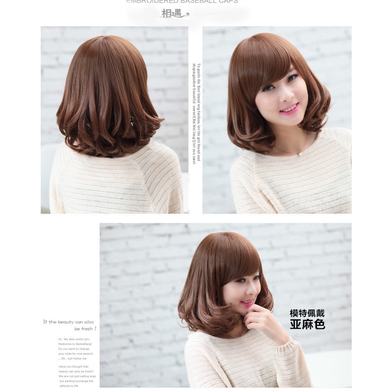 Wig Rambut Dewasa Full Lace Pendek Bergelombang / Short Hair Extension Curly Poni Depan Rambut Palsu Natural C4 F697