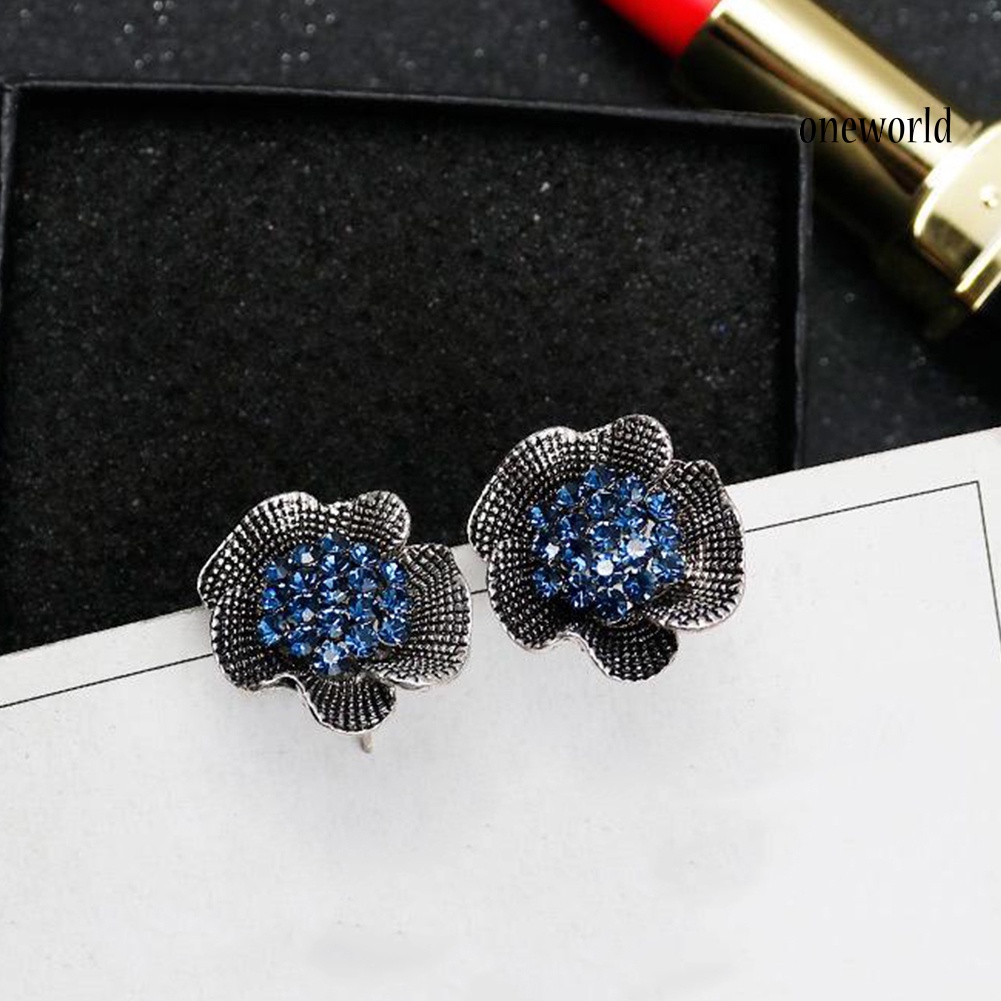 OW@ Vintage Women Rhinestone Inlaid Rose Flower Shape Stud Earrings Jewelry Gift