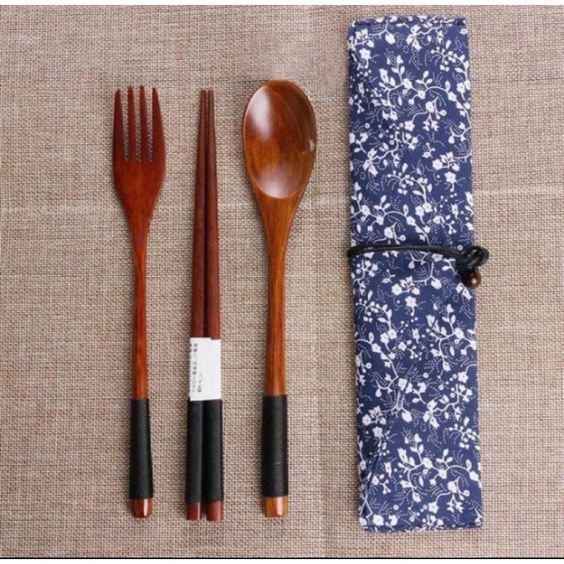 Jual Custom Pouch Sendok Garpu Sumpit Kayu Korea Wooden Cutlery Set