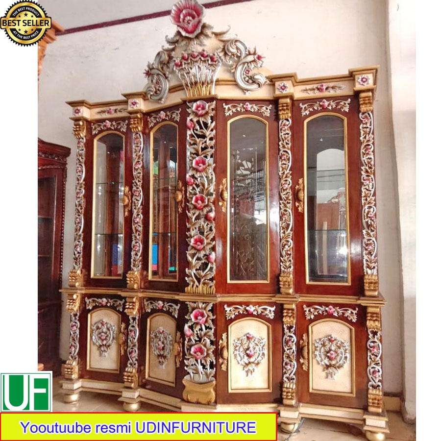 Lemari Hias Kaca Kayu Jati Ukir Almari Pajangan Bufet Shima Sima Ukiran Jepara