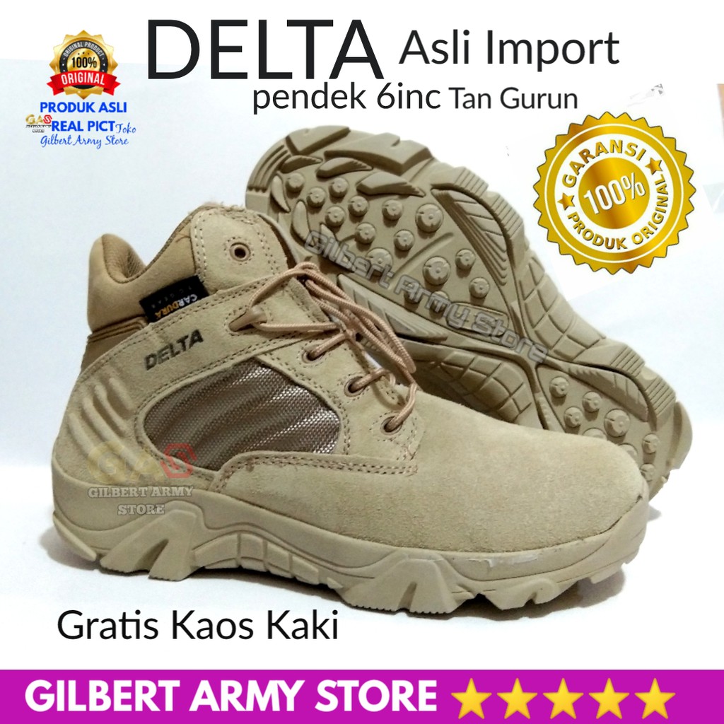 Sepatu DElta Tan Gurun Coklat Pendek 6inc Ori Impor Tactical Boots Army Murah Gilbert army Store