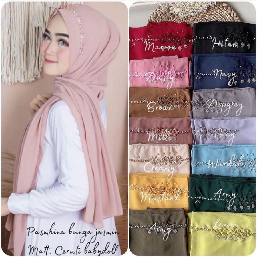 Hijab Pasmina Payet Bunga Tali Terbaru / pasmina Bunga Jasmin ceruty Babydoll by Delima Collection-3