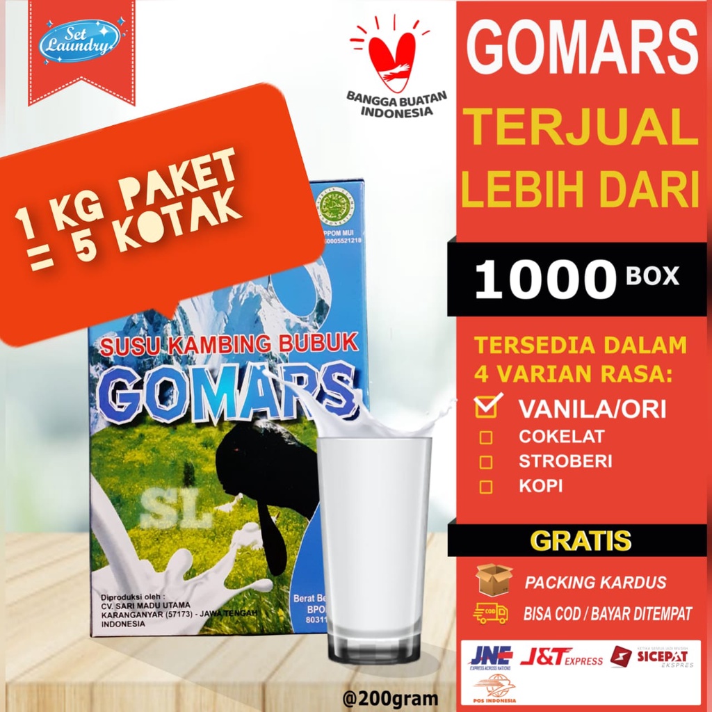 

Gomars Rasa Original Coklat Stroberi Kopi Susu Kambing Etawa kemasan kotak @ 200gr BPOM & ED terbaru