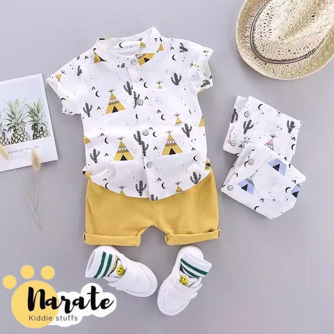 Setelan Baju Pakaian Anak Bayi Laki-Laki Kemeja Celana Korea Murah - S, Merah Muda