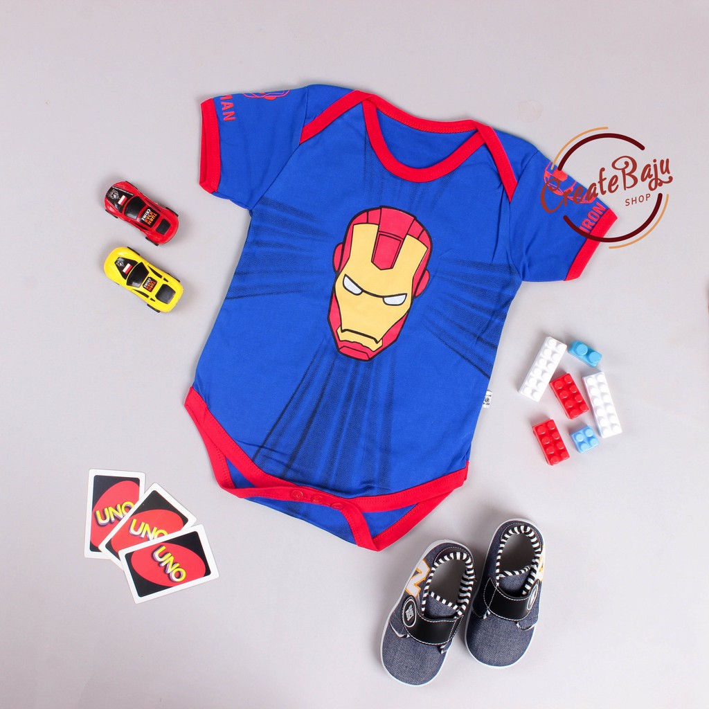 Baju Bayi Ironman Baju Bayi Superhero Overall Jumper Bayi Unisex Allsize 2-12 bulan Lengan Pendek