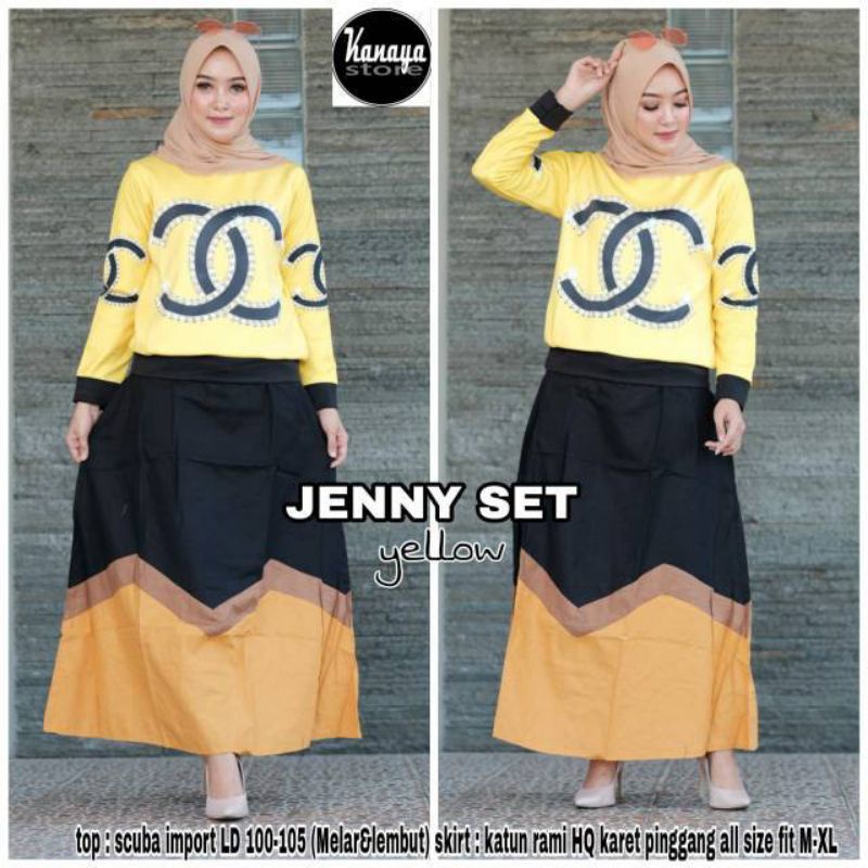 set wanita atasan scuba kombinasi rok linen