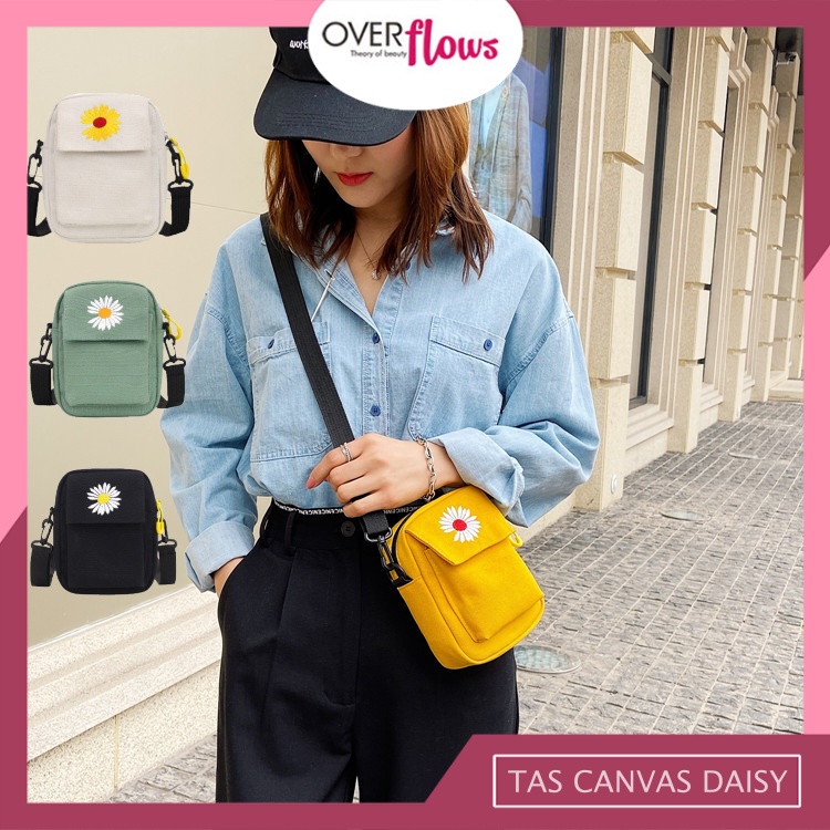 OVERFLOWS.ID Tas Selempang Wanita Canvas Import Bunga Daisy Ala Korea Murah