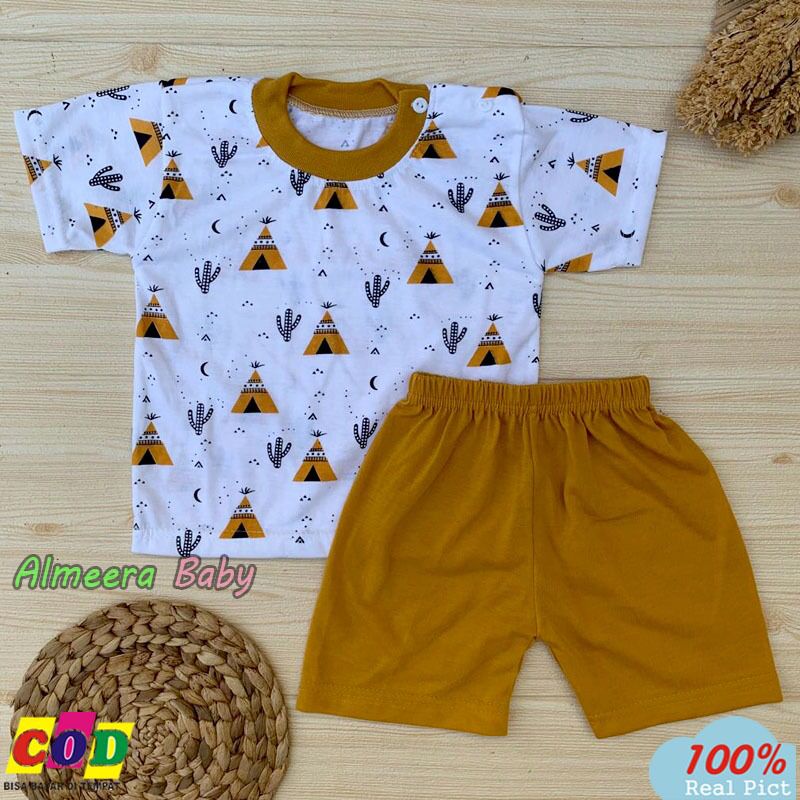 Setelan Baju Bayi Setelan Piyama Bayi Lengan Pendek Kancing Pundak Motif Piramida Usia 3-12 Bulan Almeera Baby and Kids