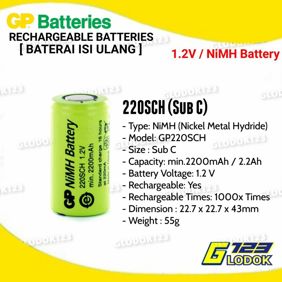 Baterai Sub Size C 2200mah NiMH 220SCH 1.2V Rechargeable Original GP