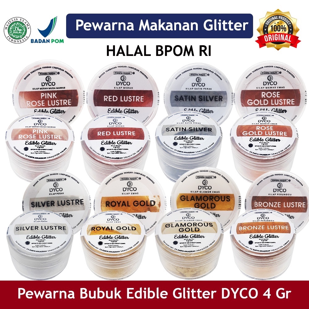 BPOM HALAL Pewarna Makanan Minuman Kue Bubuk DYCO Edible Glitter Murni 4 gr