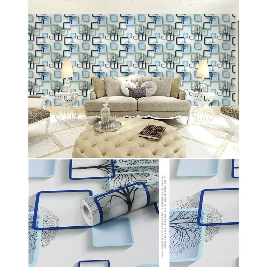 Wallpaper Dinding Motif Kotak 3D Biru Ukuran Panjang 10Meter x Lebar 45CM