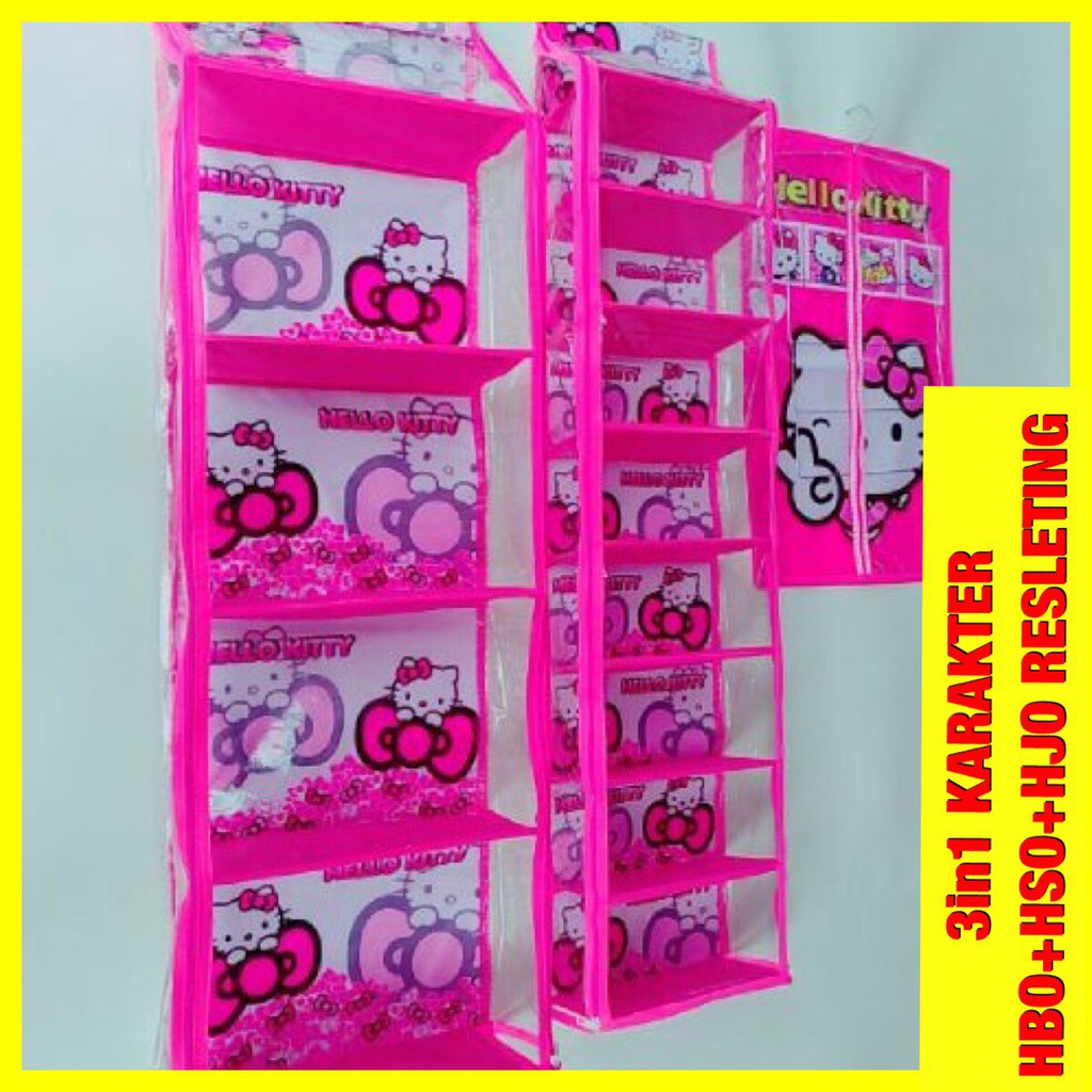 Paket 3 In Set Hello Kitty Pink Rak Tas + Rak Sepatu + Hanger Jilbab Set Covernya