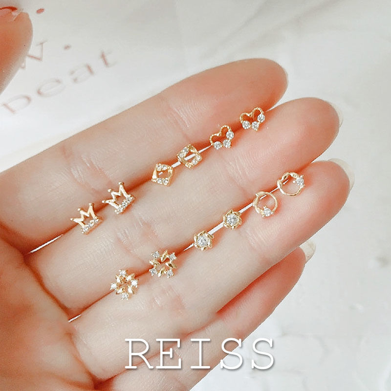 925 Perak Anting Murni Mini Kecil Bulan Bintang Zirkon Halus Anting Mahkota Kecil