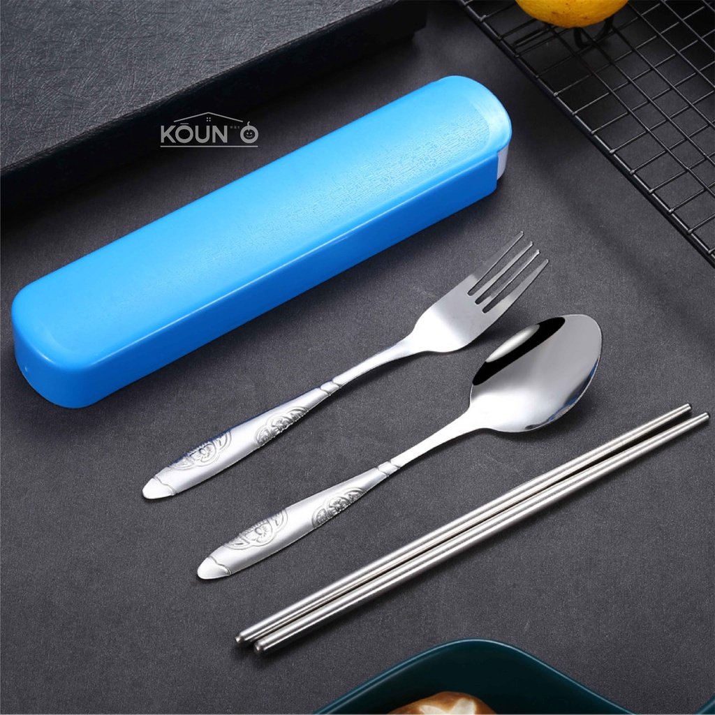 1 Set Alat Makan Sendok Garpu Sumpit Stainless Steel + Box Portable Travel Cutlery Set Food Grade