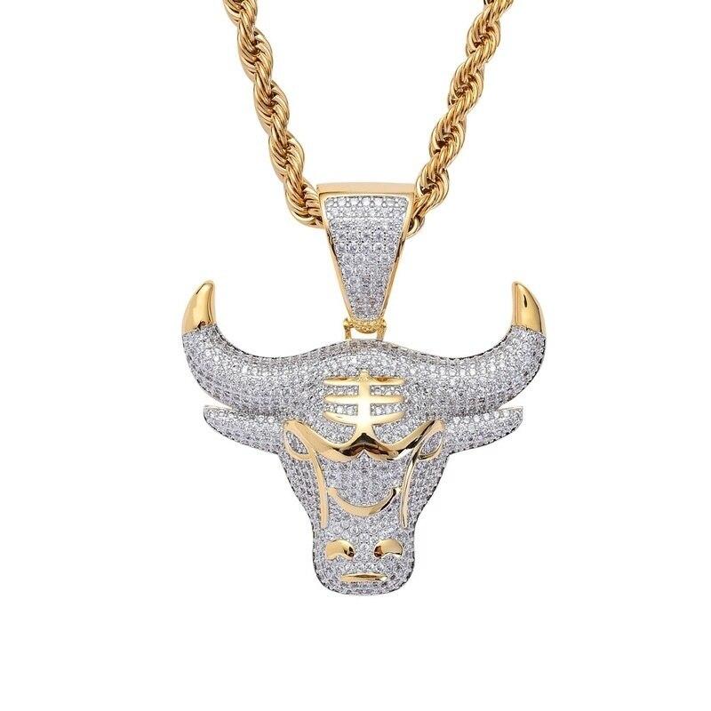 Kalung Liontin Kepala Banteng Full Zircon Berlian Imitasi Bahan Stainless Steel Warna Emas Untuk Pria