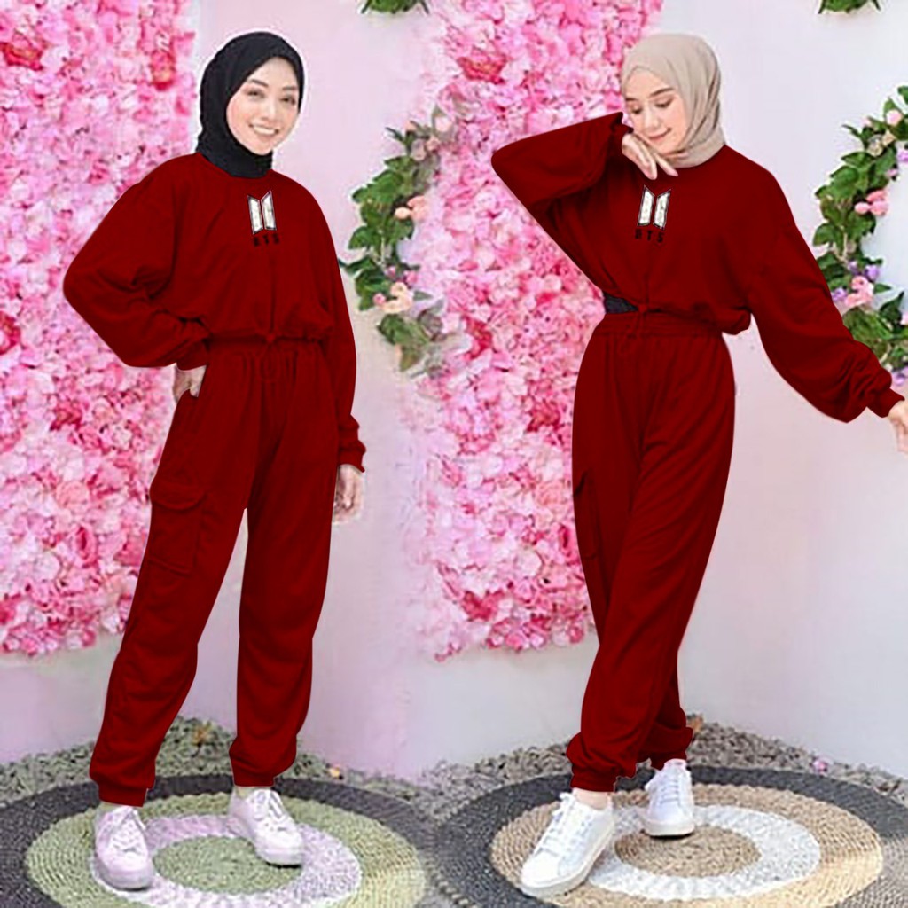 Setelan Training Wanita Cargo BTS/setelan Olah raga Jumbo/setelan wanita casual/set joger/set crop