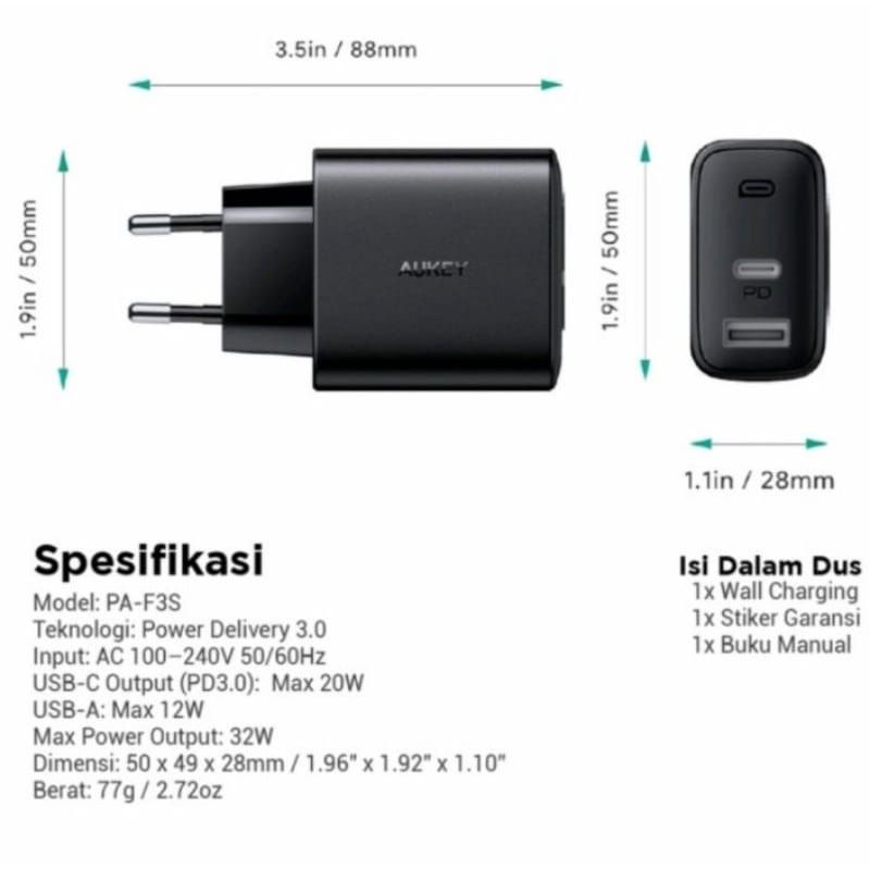 AUKEY PA-F3S Wall Charger 32W Swift Mix Series PD Dual Port