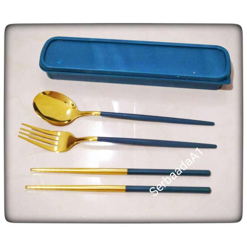 A1 1Set Alat Makan Stainless Ala Korea Lengkap Box Terdiri 1pcs Sendok 1Pcs Garpu Dan 1pasang Sumpit