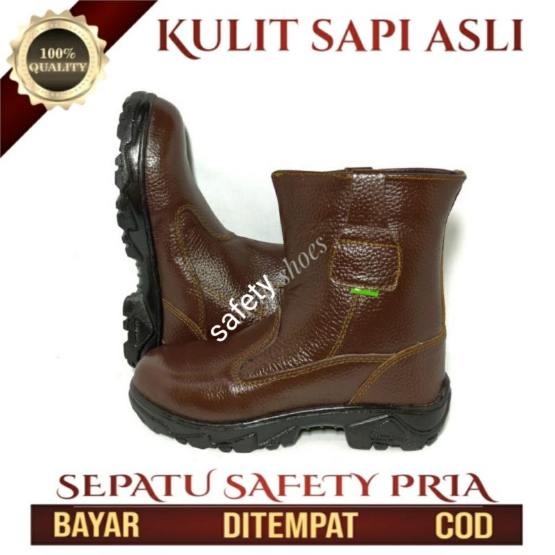 Sepatu Safety Boots Proyek Kulit Sapi Asli kerja Lapangan Septi ujung Besi Murah Unisex