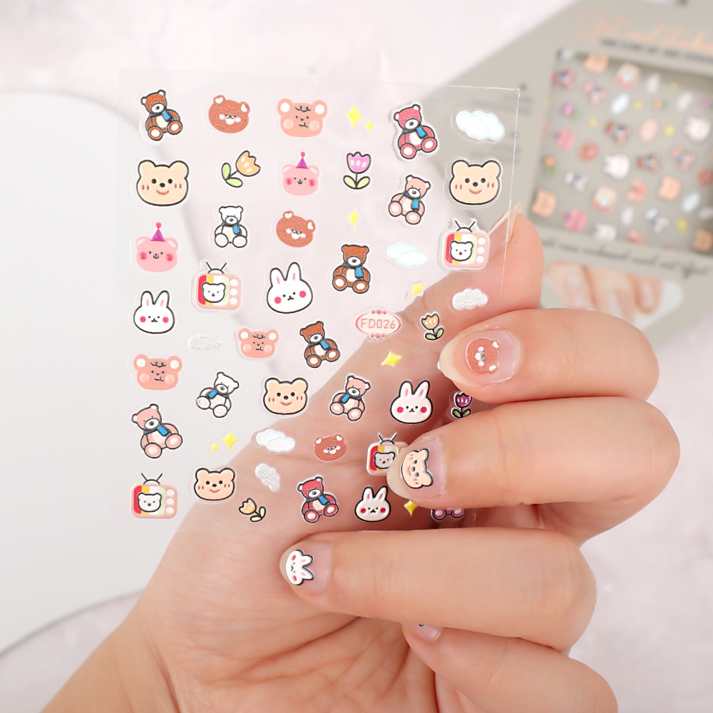 Stiker Kuku 3D Motif Beruang Timbul 5D Untuk Nail Art