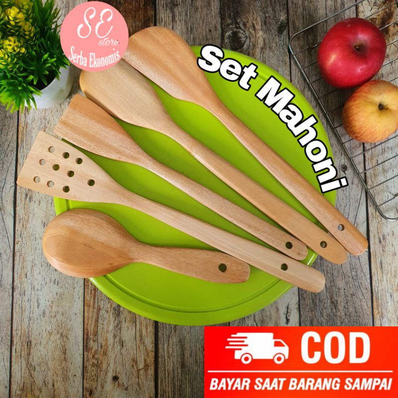 Silvertech Set Mahoni 5 in 1 Set Spatula Kayu Set Masak Kayu Mahoni By Serba Ekonomis