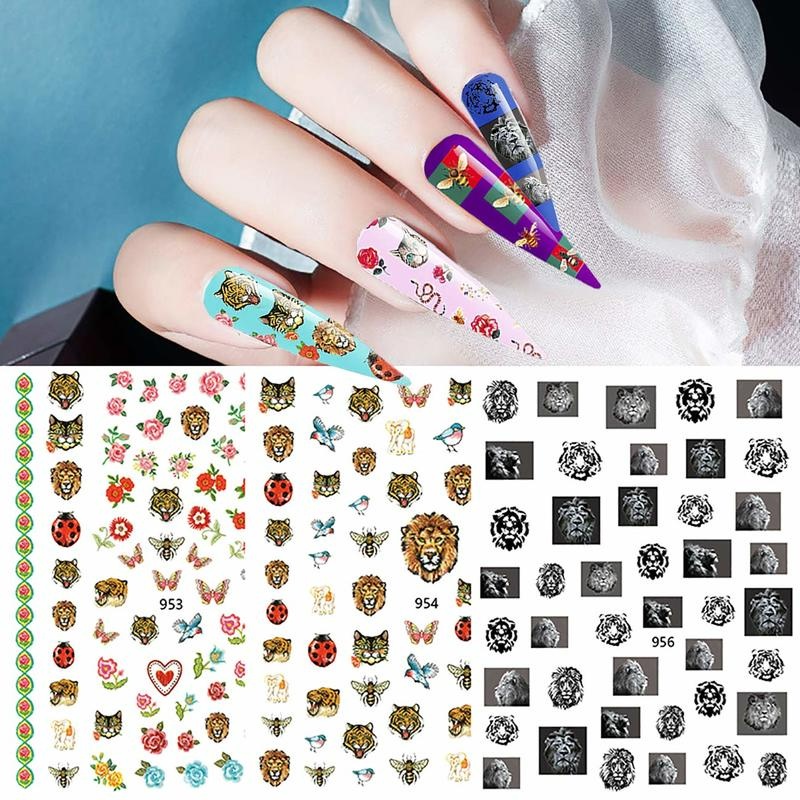 Stiker Kuku 3D Motif Bunga / Lebah / Geometri / Garis / Hewan / Leopard Anti Air Untuk Nail Art