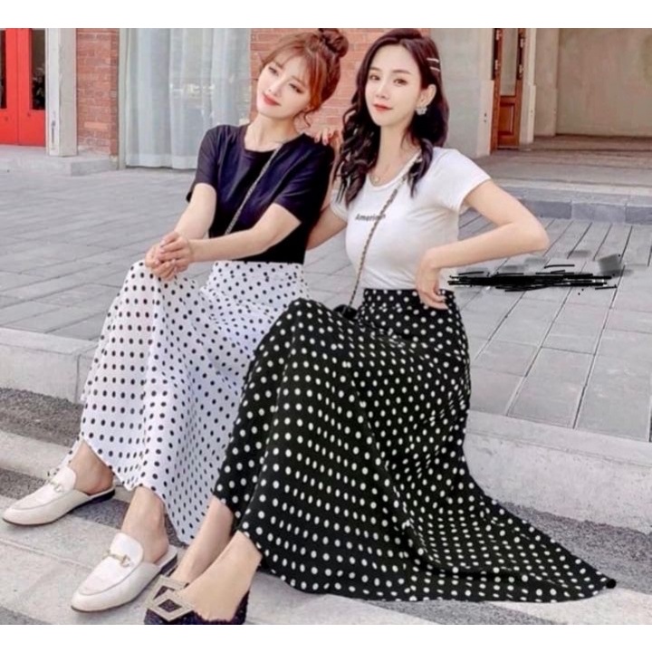 GS-ROK PLISKET DAISY PREMIUM / LILY DAILY PREMIUM /ROK PLISKET PANJANG/ROK PLISKET MOTIF BUNGA-POLKADOT BESAR PUTIH