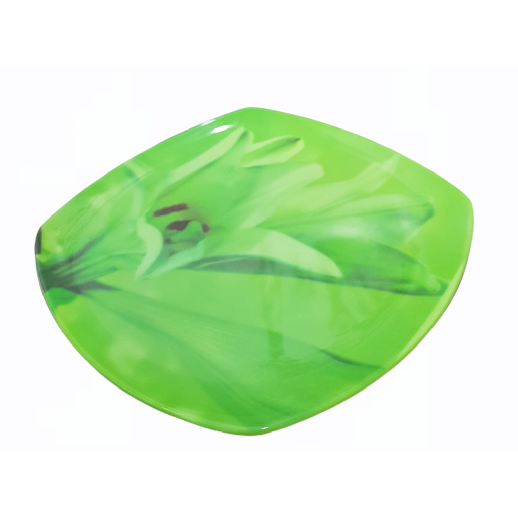Piring Melamin Persegi 9" | Motif Daun | Daun Warna Hijau/Putih [P-5000S] | SingaSingi