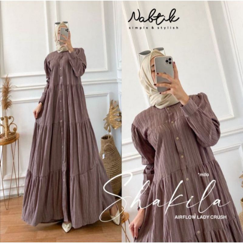 Shakila Maxy Dress Gamis Crinkle Airflow Lady Crush Premium Full Kancing