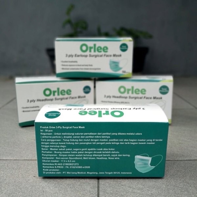 Masker MEDIS 3ply 3 ply Orlee Surgical Hijau Green Earloop Kemenkes BFE 95% MEDICAL