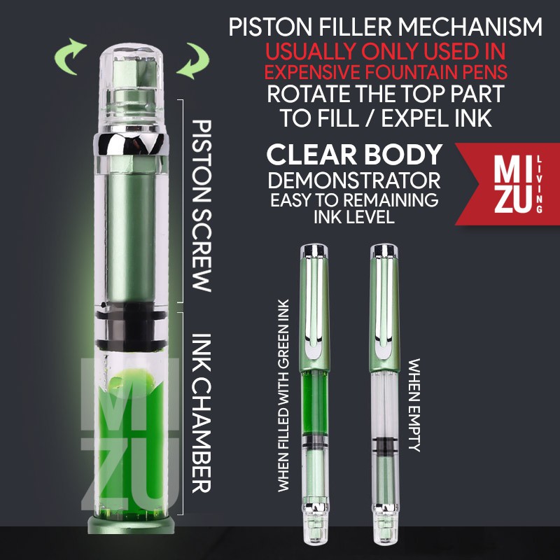 MIZU CRISTALLO PISTON Fountain Pen 9 Colours High Ink Capacity Stainless Steel Nib