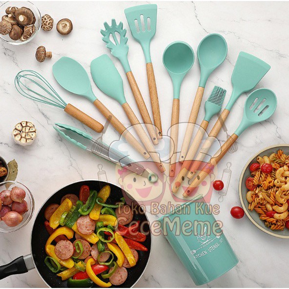 Spatula Sutil Sodet Silikon Silicone Set Alat Masak DApur 11pcs Anti Panas Hijau Tosca