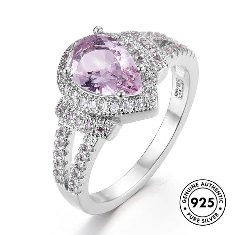 Cincin S925 Silver Bentuk Water Drop Aksen Berlian Warna Pink