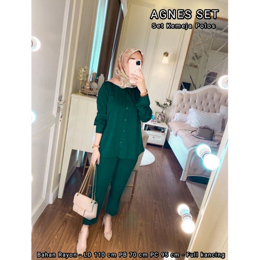 Agnes One Set Wanita Rayon Premium Setelan Wanita Kemeja Polos Lengan Panjang Set Celana Wanita Kekinian LD 110 cm