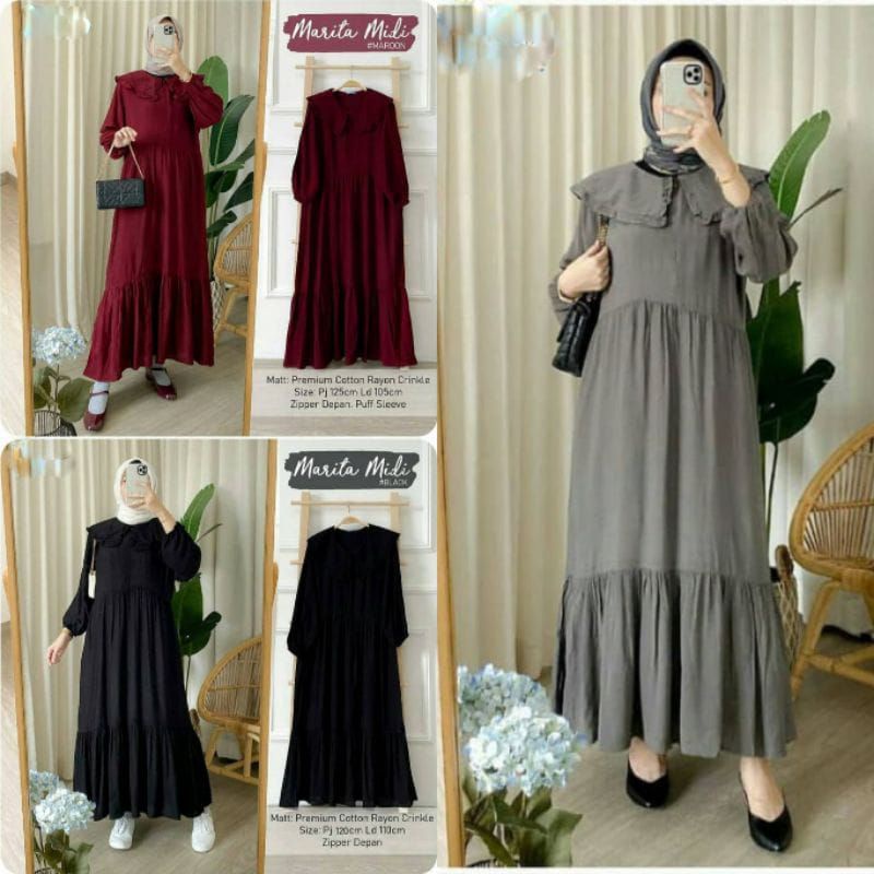 Midi kerah Polos Series Original Gamis Longdress maxi Rayon Premium Marita Midi