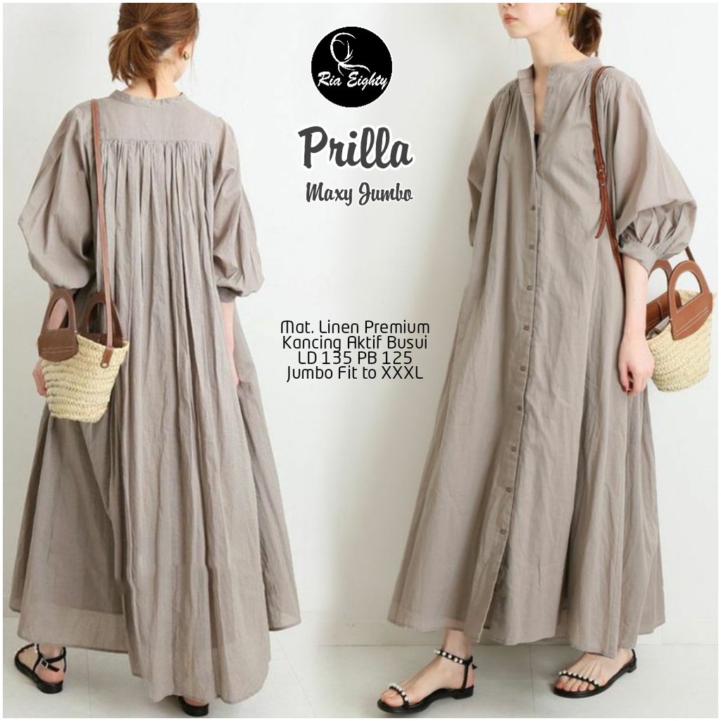 PRILLA DRESS / 7.7  / BAHAN LINEN PREMIUM / LD 135 / PB 125 / JUMBO FIT XXXL / FULL KANCING / RIA EIGHTY