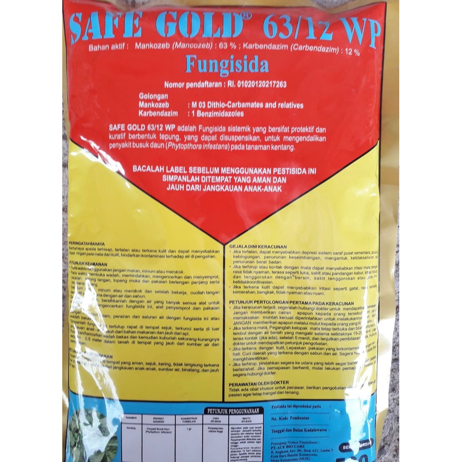 Fungisida Safe Gold Bahan Aktif Mankozeb 63%+ Karbendazim 12%  WP 500 gram