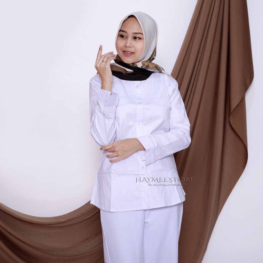 HaymeeStore Kemeja Putih  Rempel Polos  Wanita Baju  Kantor 