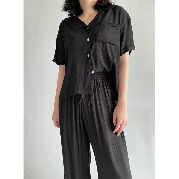 Claire Homewear Set | Rayon Crinkle Comfy Set-Black