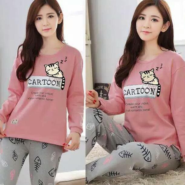 Ready-Dong Setelan Baju Tidur Wanita Bahan Kaos Adem Lengan Panjang Piyama Pink