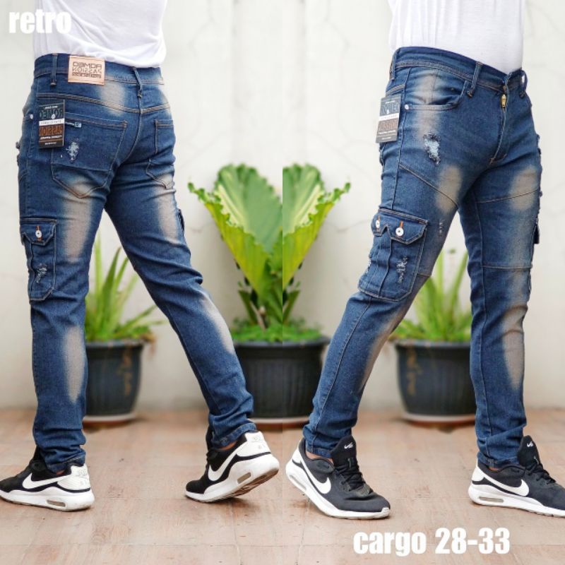 Celana Pria Cargo Jeans Sobek Ripped Strech