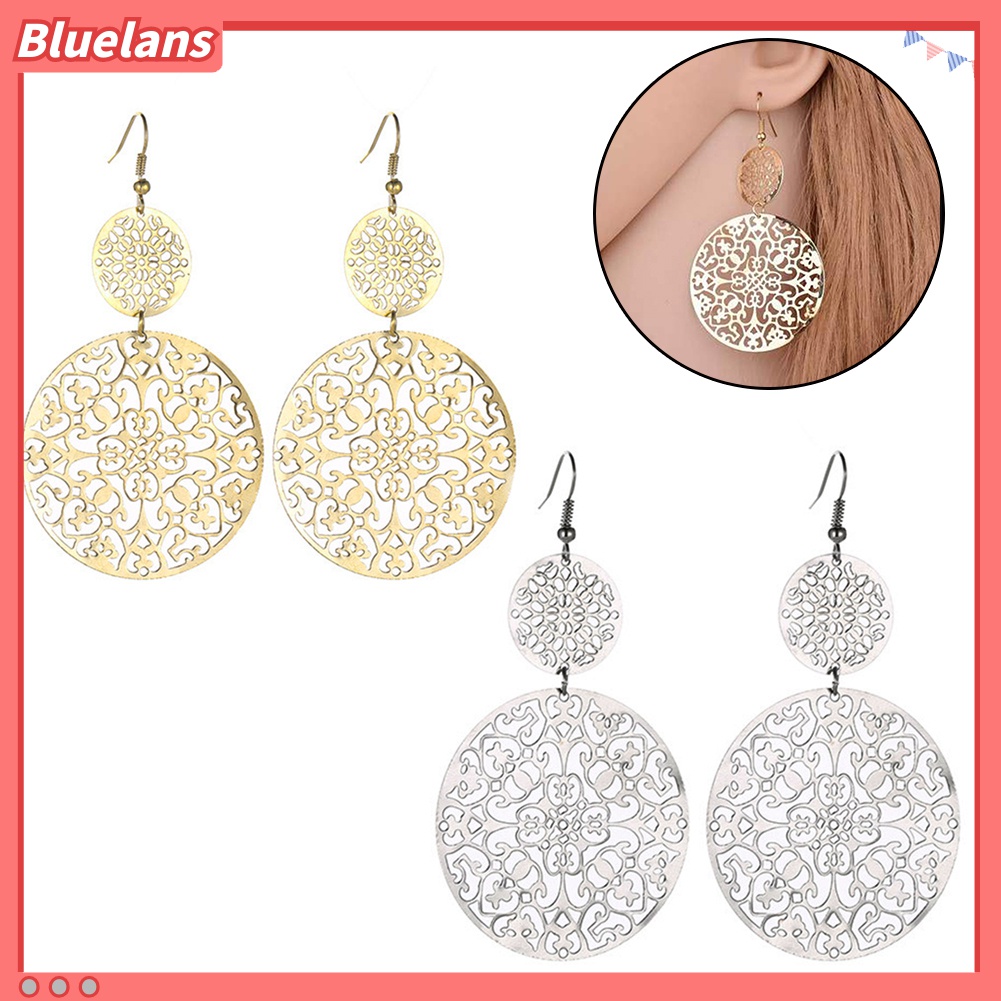 Anting Kait Panjang Bentuk Bulat Motif Ukir Bunga Hollow Gaya Vintage Untuk Wanita